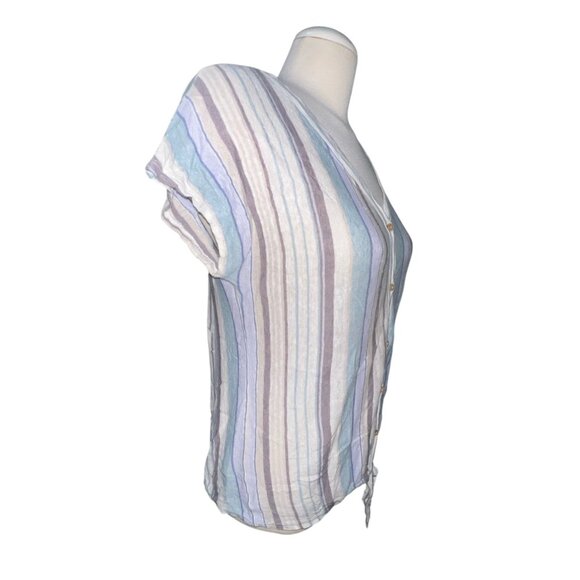Rachel Zoe 100% Linen Striped V-Neck Button-Front Tie-Hem Top Size Medium Womens - Picture 9 of 9